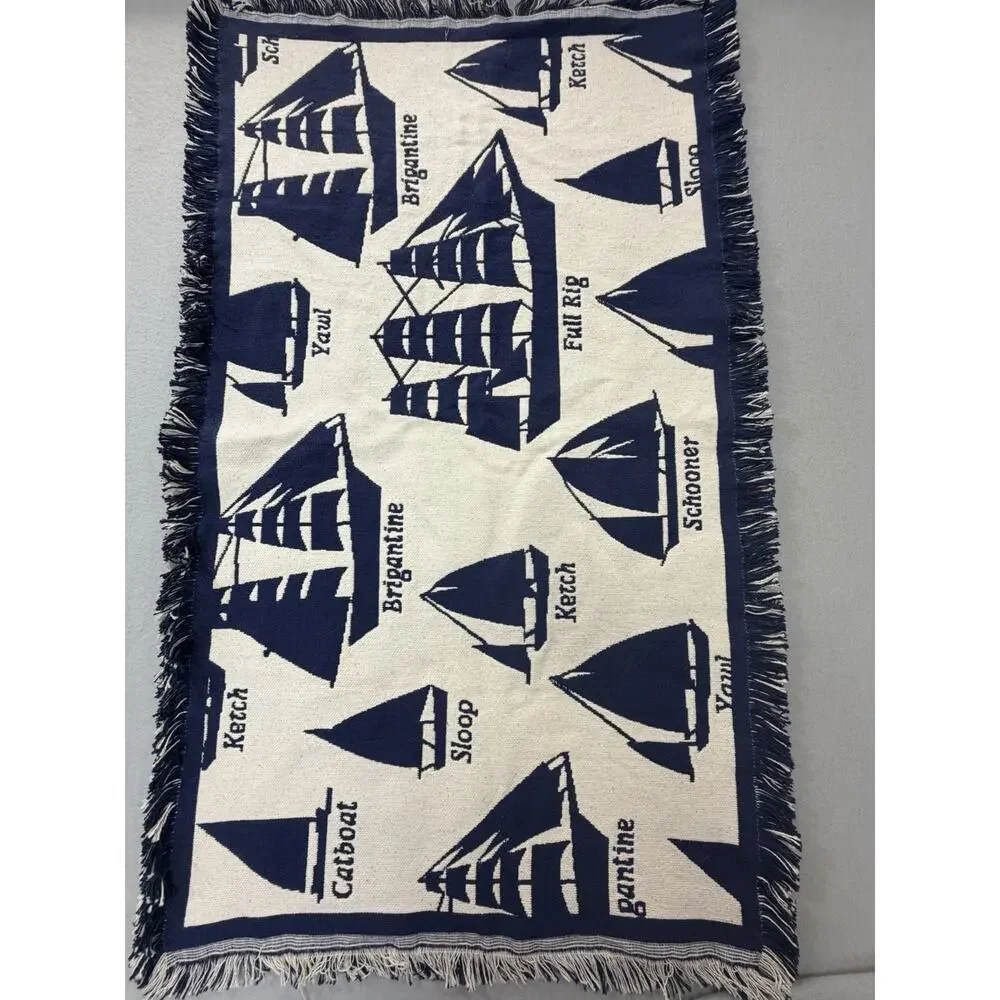 Nautical Sailboat Woven Throw Blanket Navy Blue Maritime Sailing Fringe Tapestry
